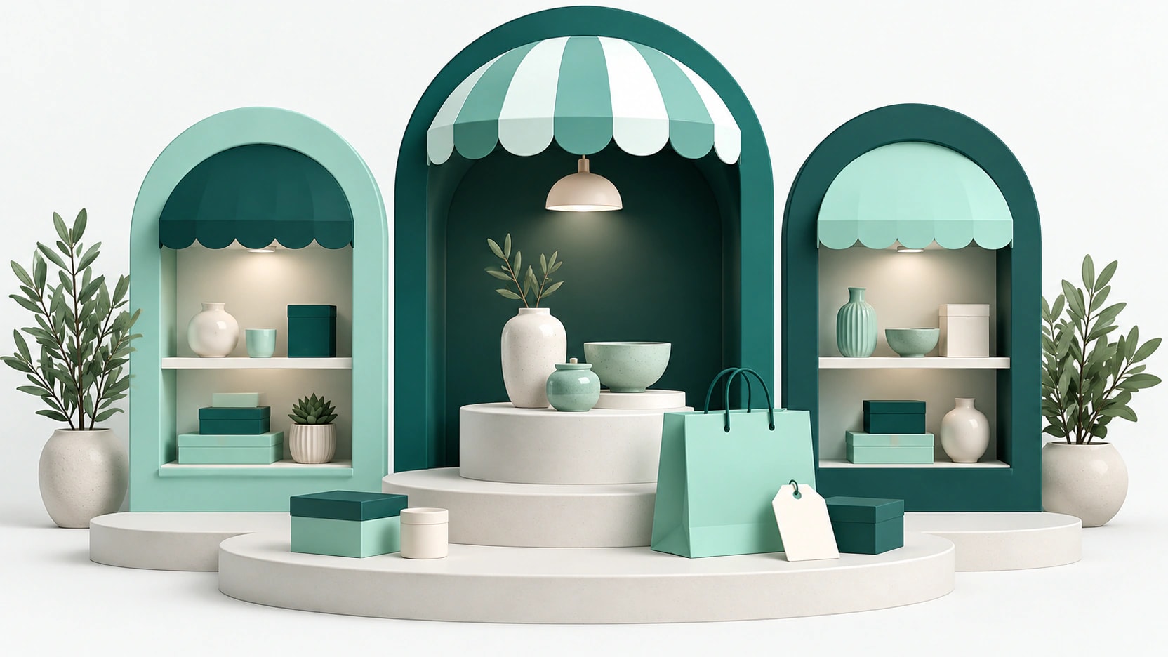 AI-generated illustration of three boutique storefront arches, product boxes and a shopping bag in teal and mint.