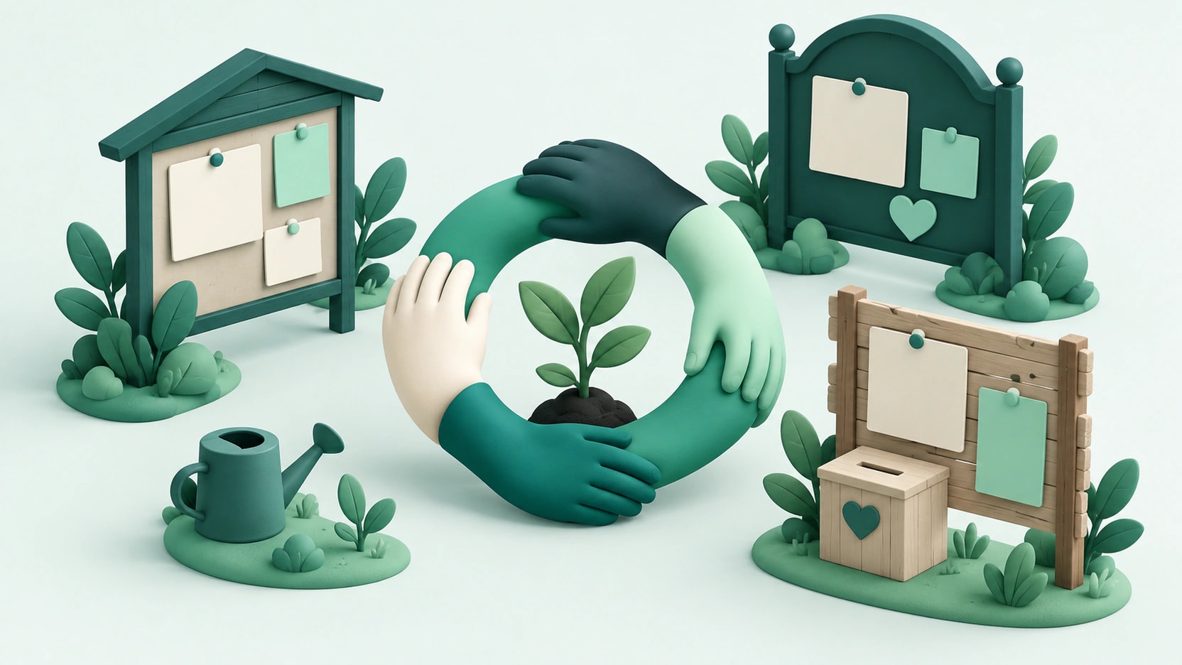 Three community noticeboards surrounding stylized helping hands and a growing sapling.
