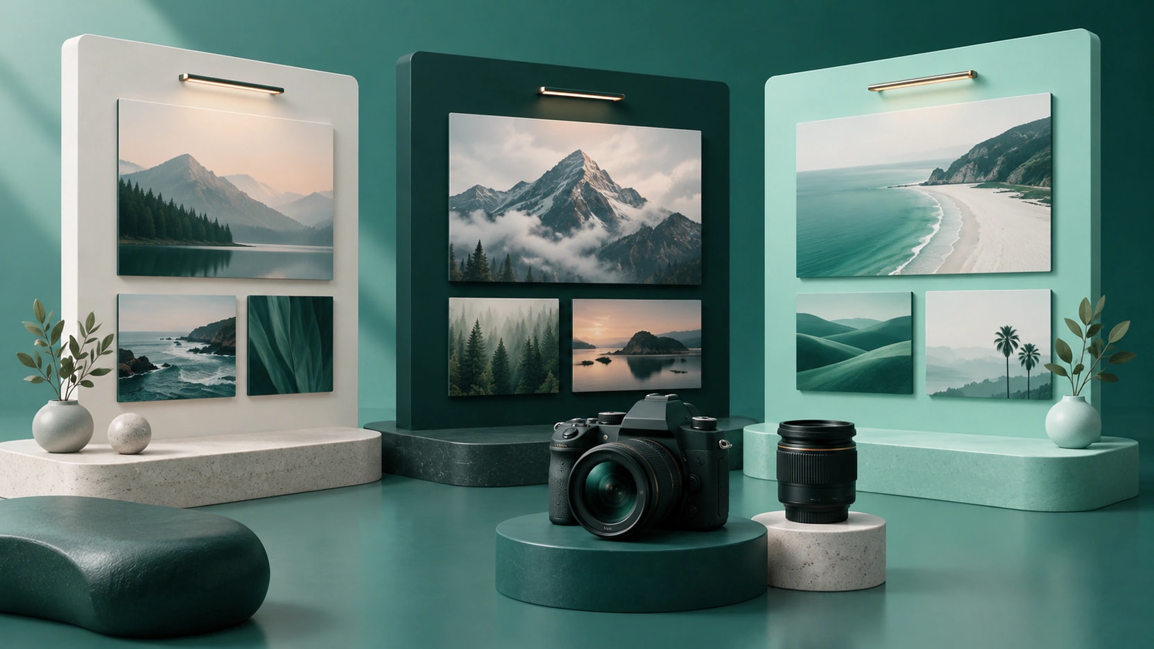 Three miniature gallery walls with landscape artwork beside a camera and lens in teal and mint.