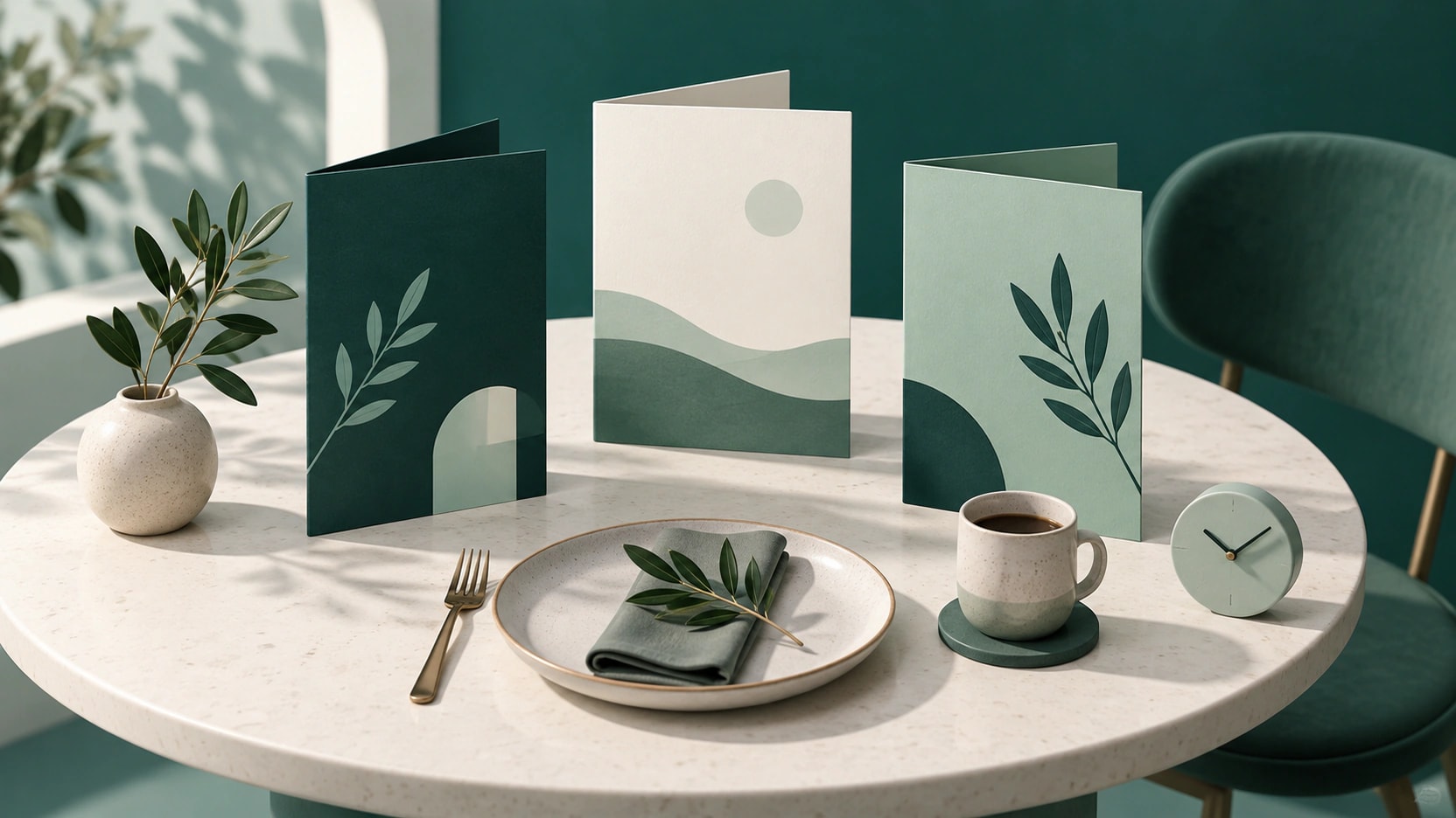 Three folded restaurant menus beside a cafe place setting and a small clock on a mint and teal table.