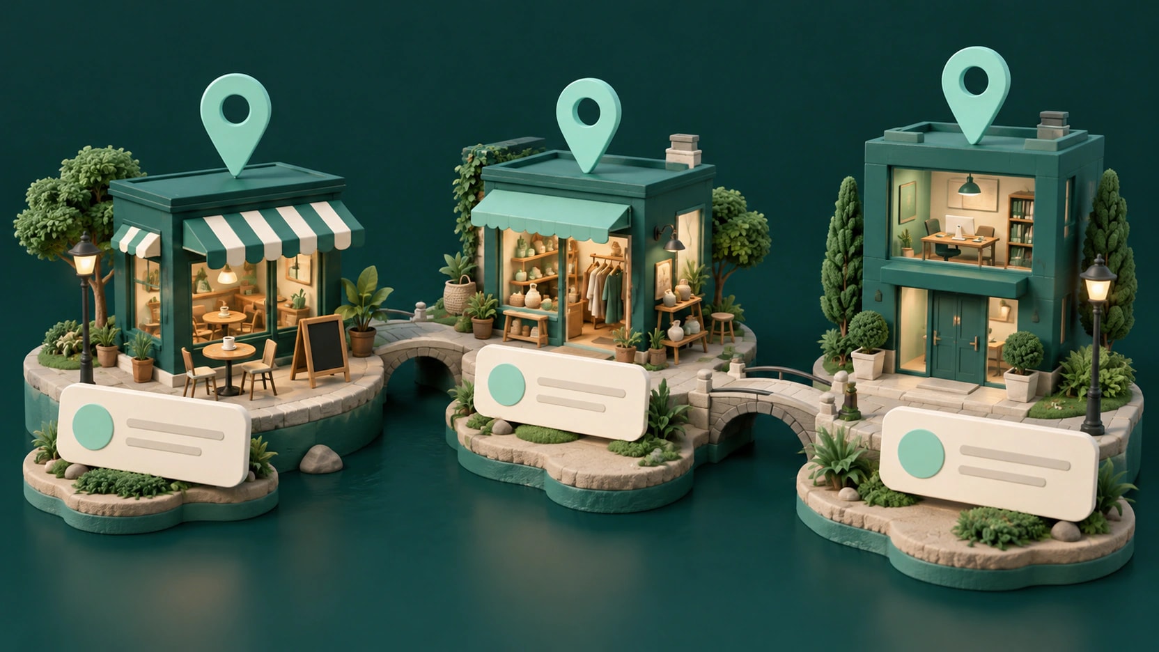 Three miniature neighborhood businesses on connected islands with mint location pins and blank listing cards.