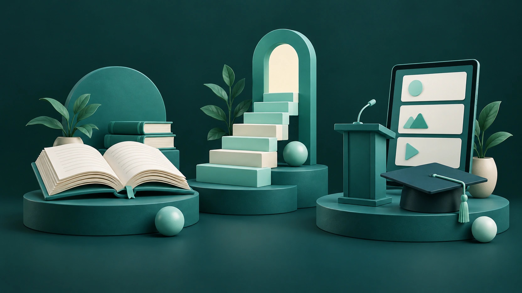 Three sculpted learning stations with books, a podium, a graduation cap, and abstract lesson cards in teal and mint.