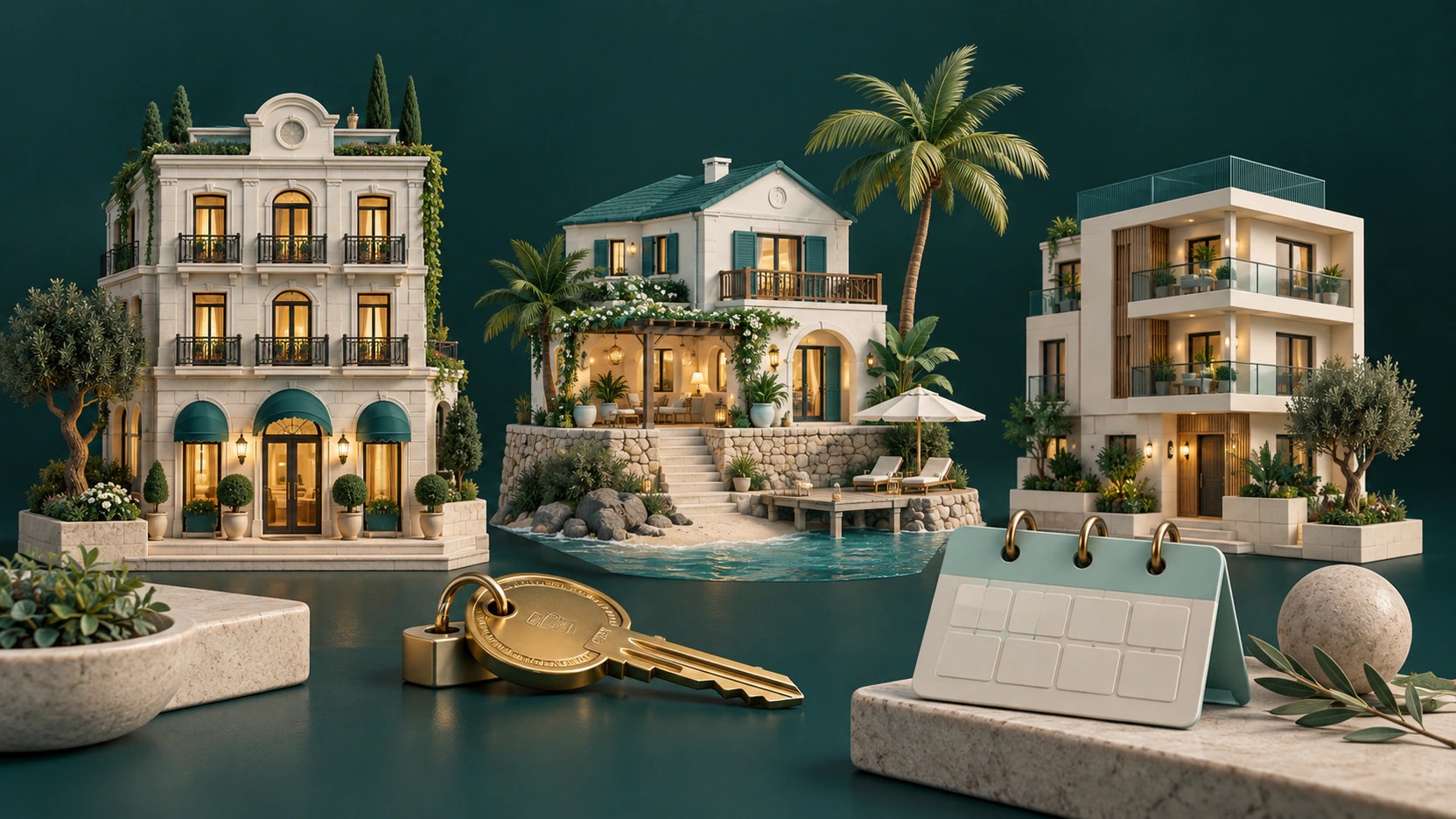 Three miniature hotels and guesthouses beside a room key and blank reservation calendar in teal and mint.