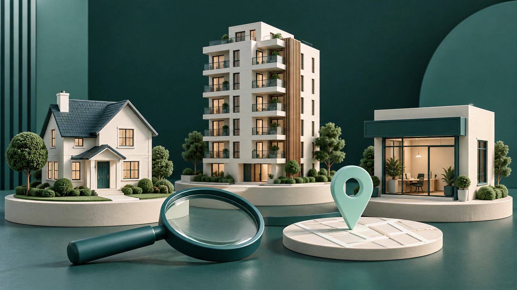 Miniature house, apartment building, and agency office beside a magnifying glass and mint location pin.