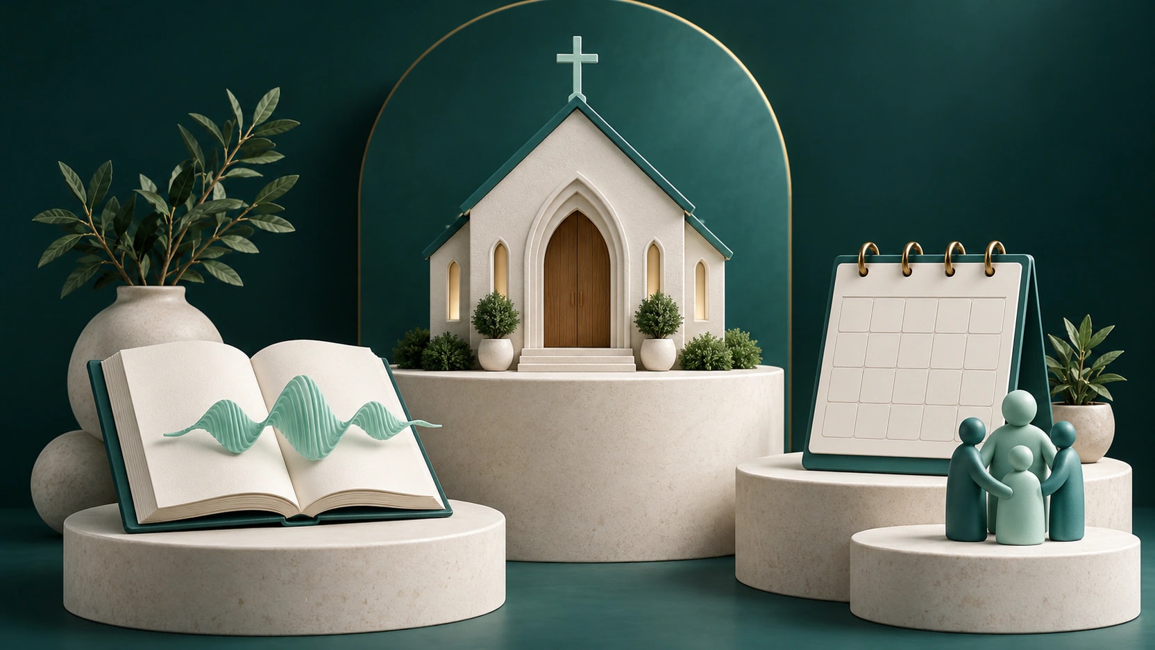 A miniature chapel, blank open book with an audio-wave sculpture and community calendar in teal and mint.