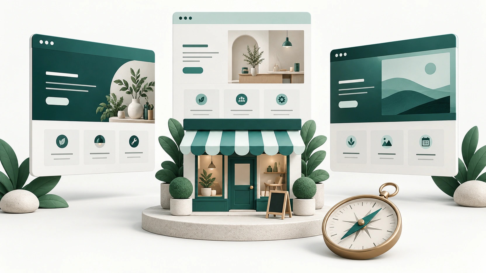 AI-generated illustration of three abstract website pages around a teal service-business storefront and a compass.