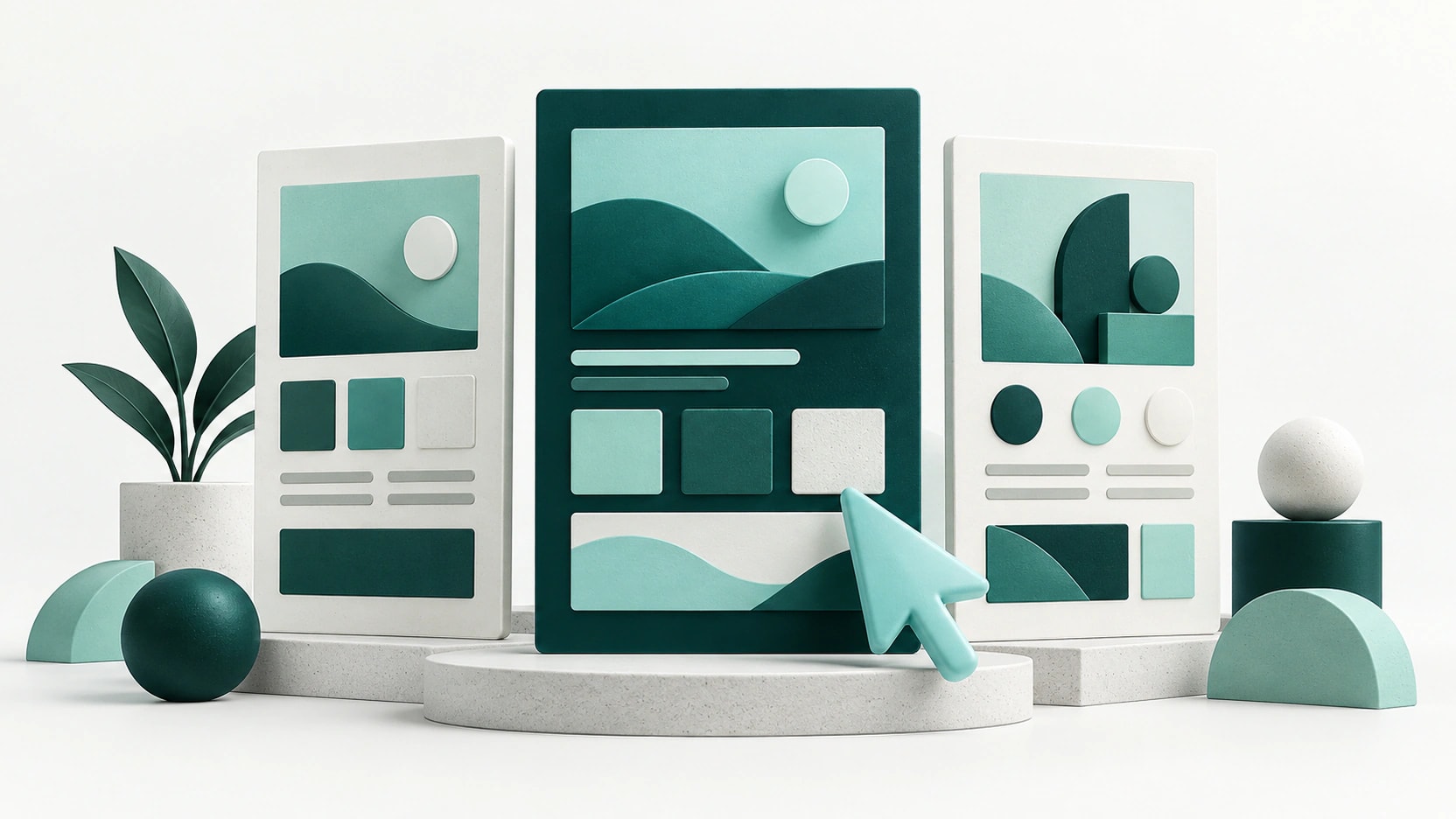 AI-generated illustration of three modular page-layout panels and a sculptural cursor in teal and mint.