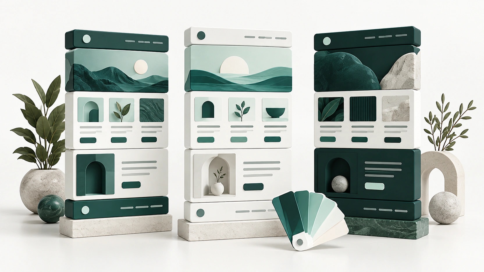 AI-generated illustration of three stacked website template panels and a color palette fan in teal and mint.