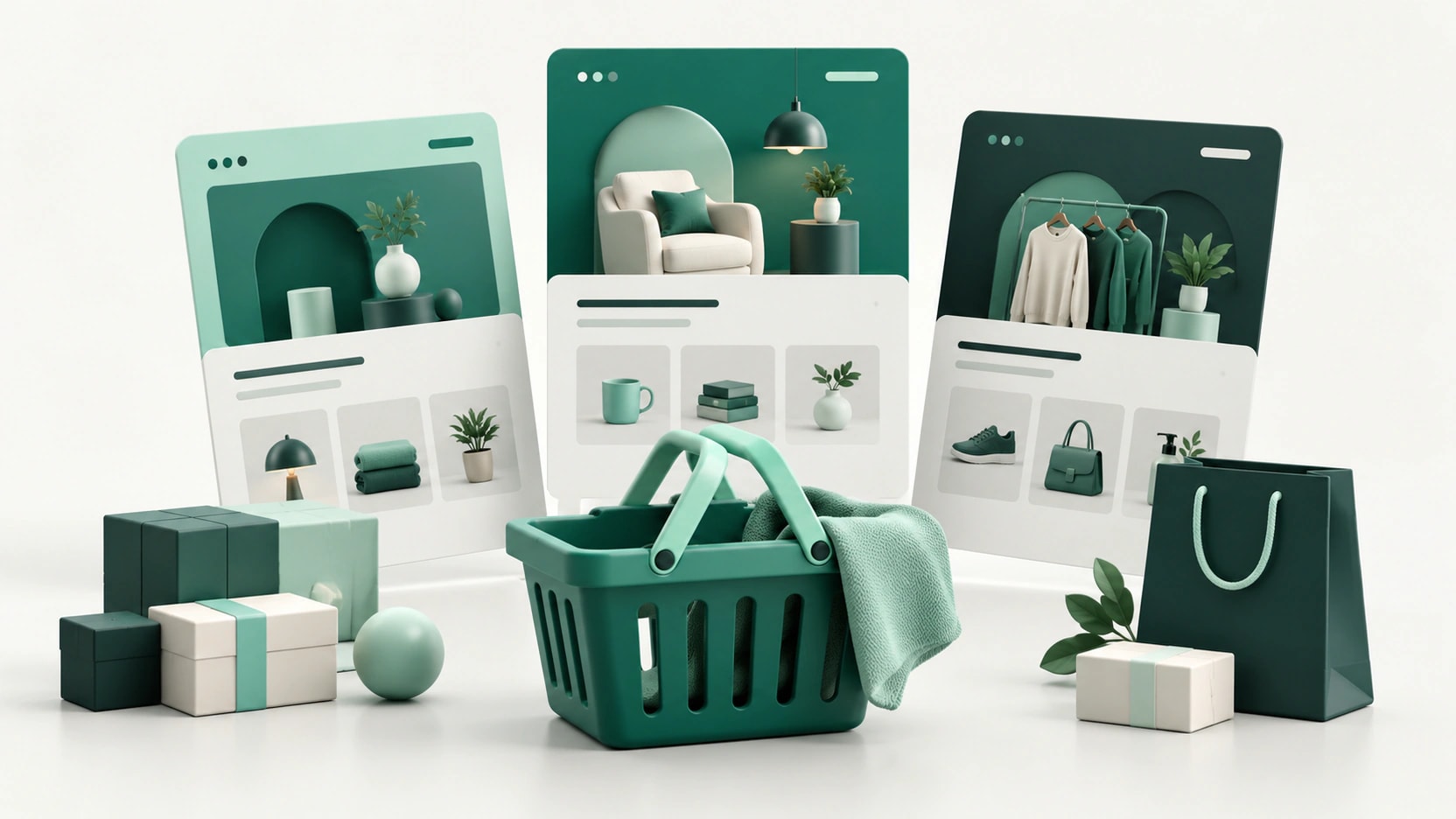 AI-generated illustration of three abstract shop pages, a shopping basket, product boxes and a bag in teal and mint.