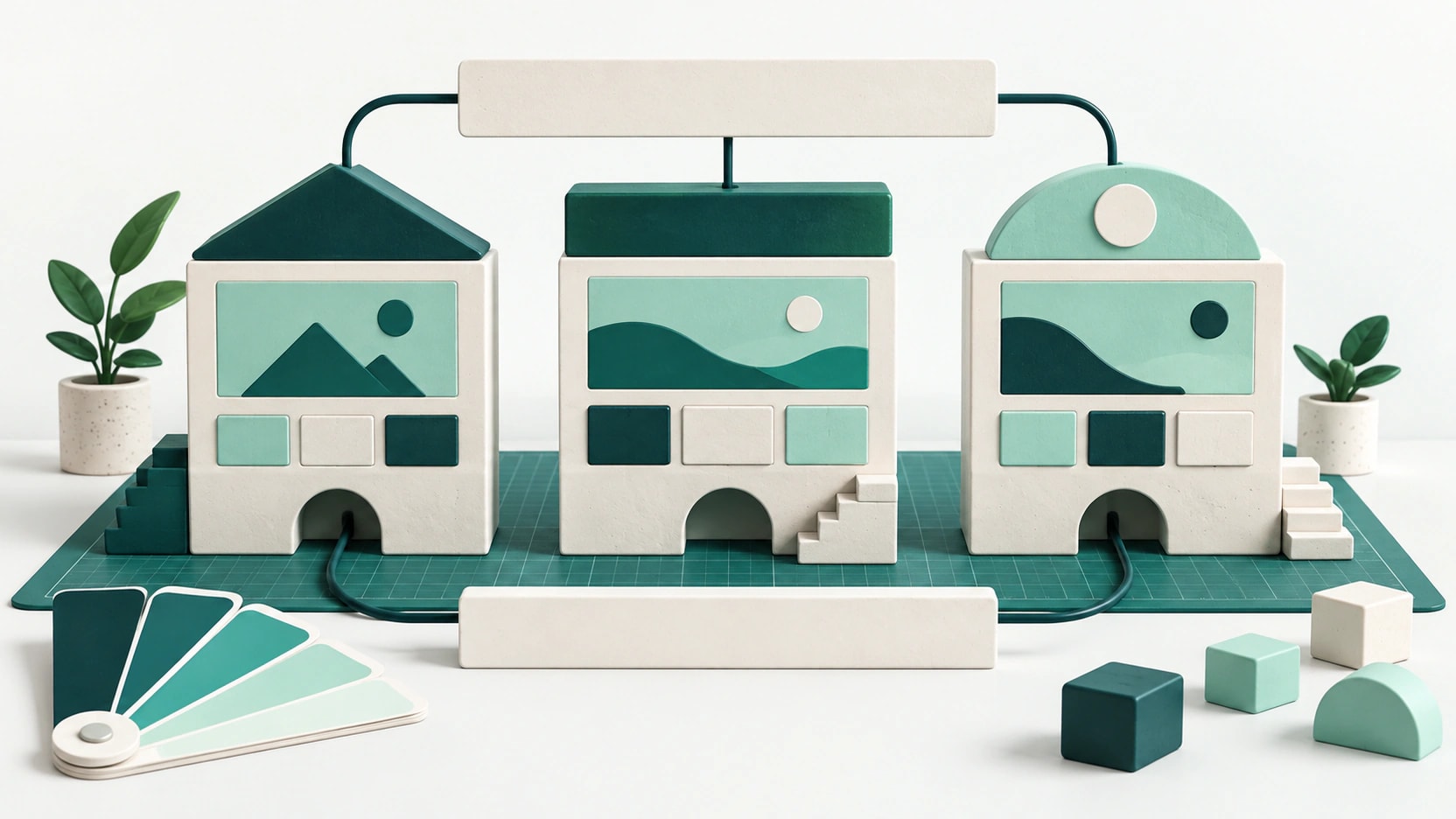 AI-generated illustration of three modular website-like block constructions and a color swatch fan in teal and mint.