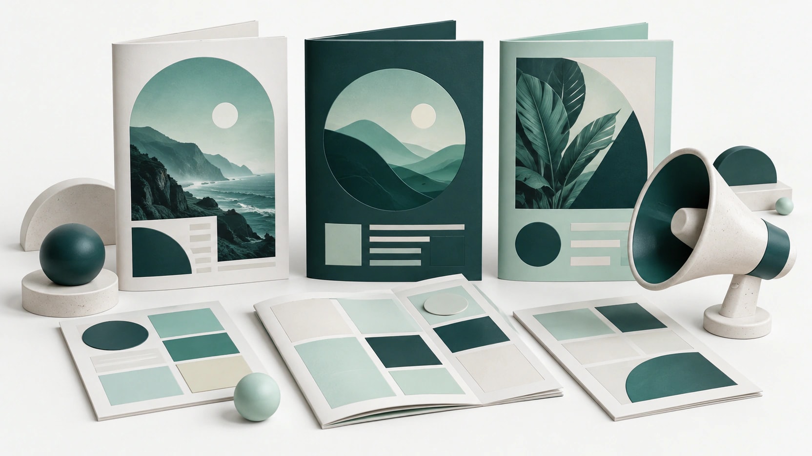 AI-generated illustration of three teal magazine covers, blank page grids and a sculptural megaphone.