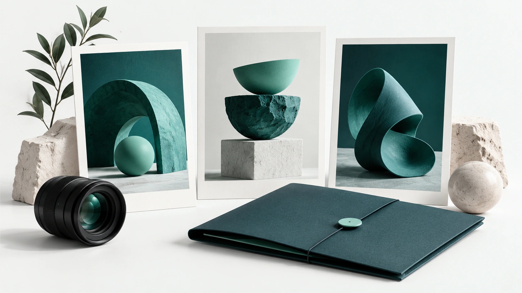 AI-generated illustration of three portfolio art cards, a camera lens and a presentation folder in teal and mint.