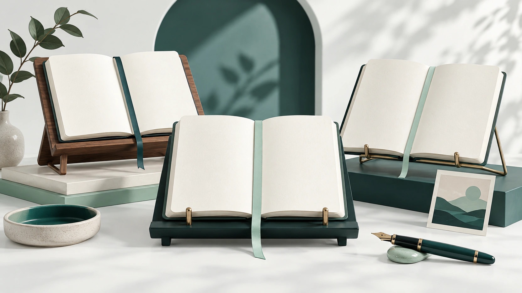 AI-generated illustration of three open essay notebooks on reading stands with a fountain pen and teal bookmarks.