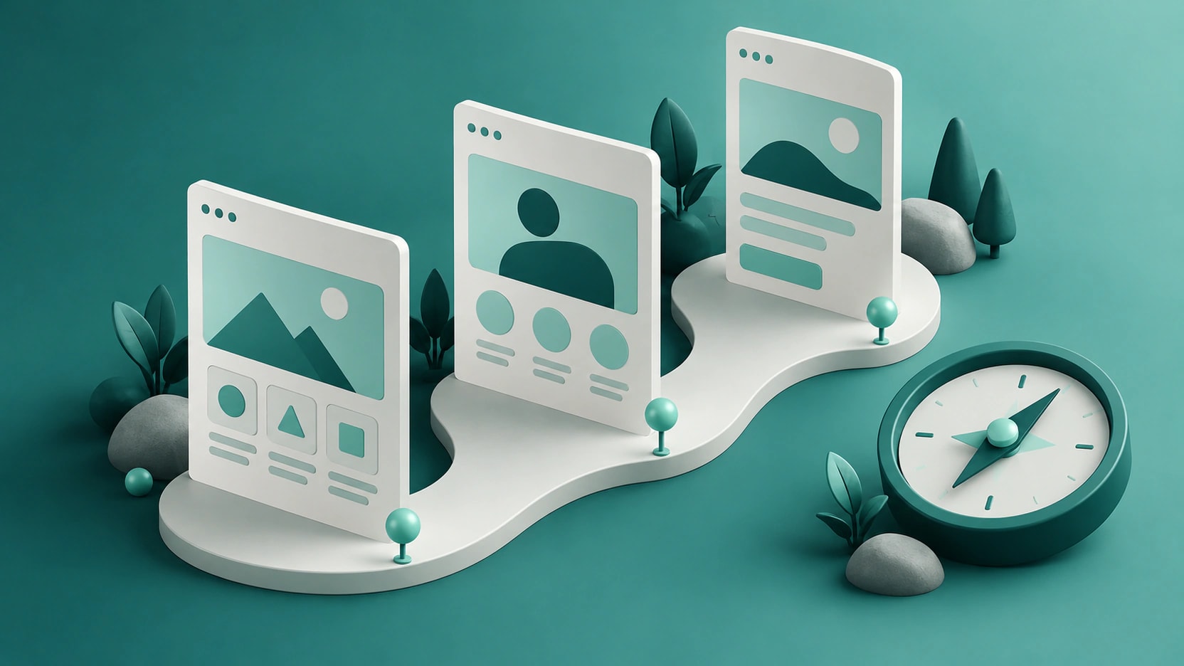 Three abstract website section panels along a curved path beside a compass in teal and mint.