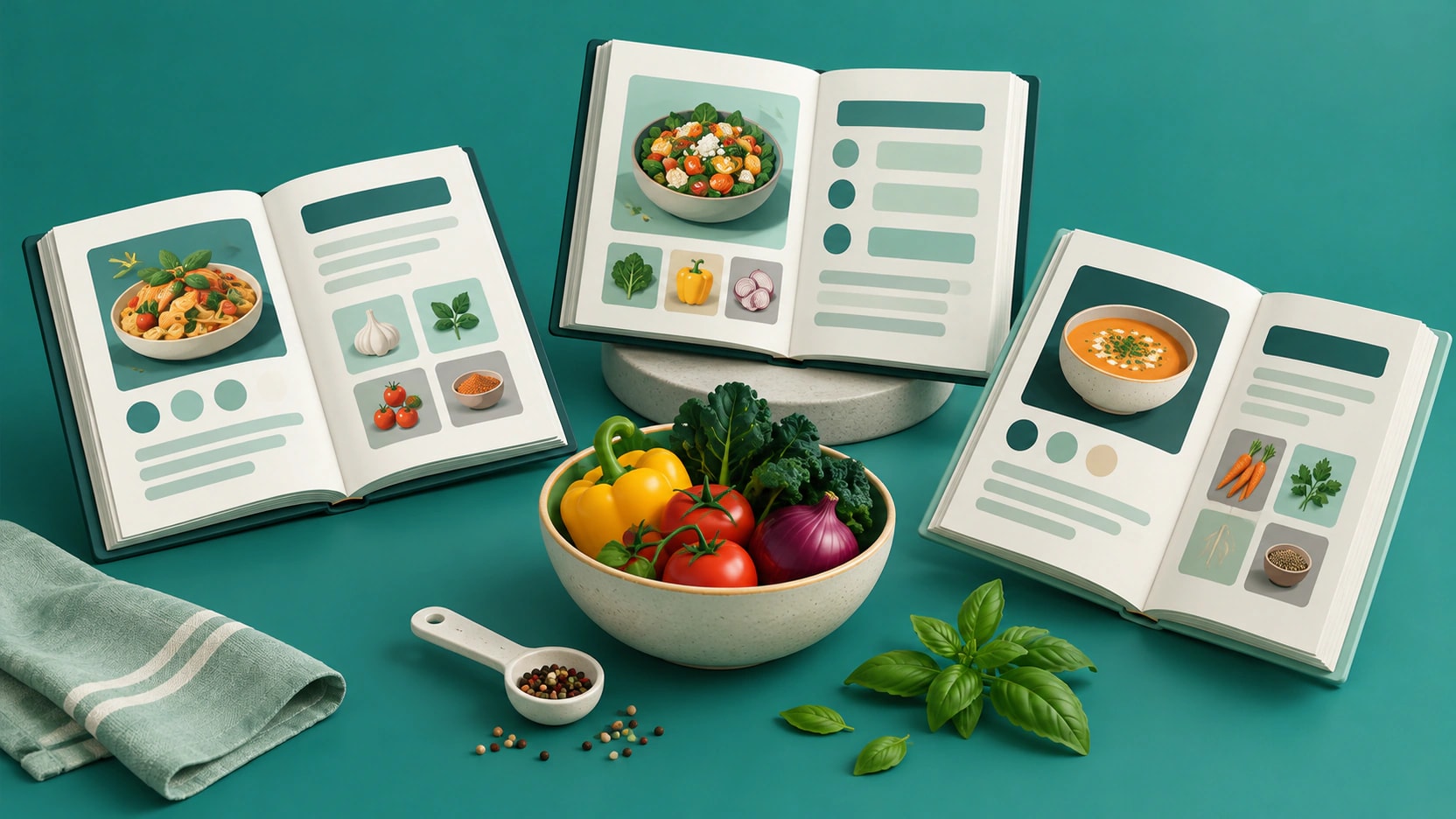 Three illustrated recipe books beside vegetables and cooking utensils on a teal background.
