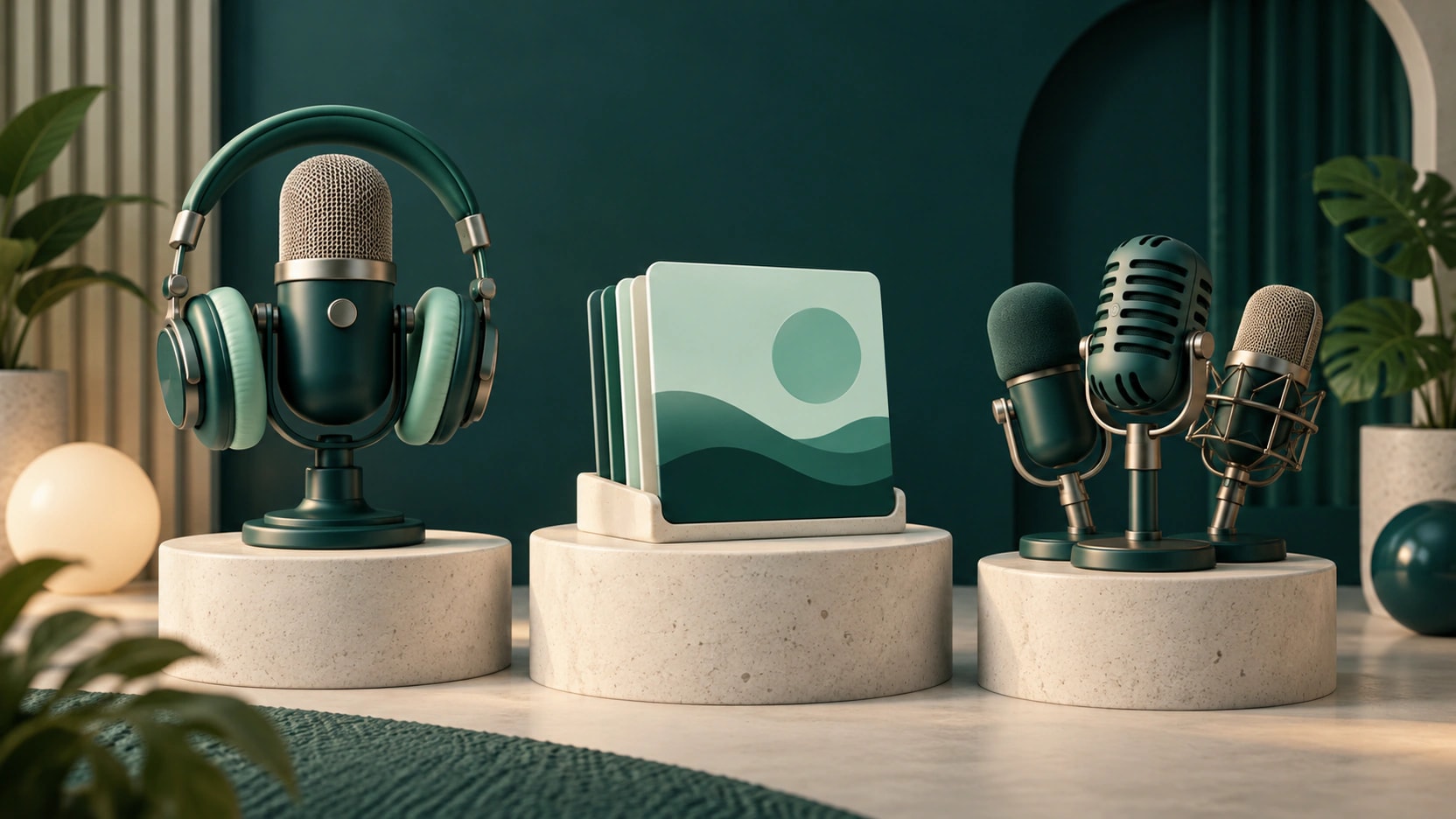 Studio microphone and headphones, abstract episode artwork, and a microphone cluster on three teal pedestals.