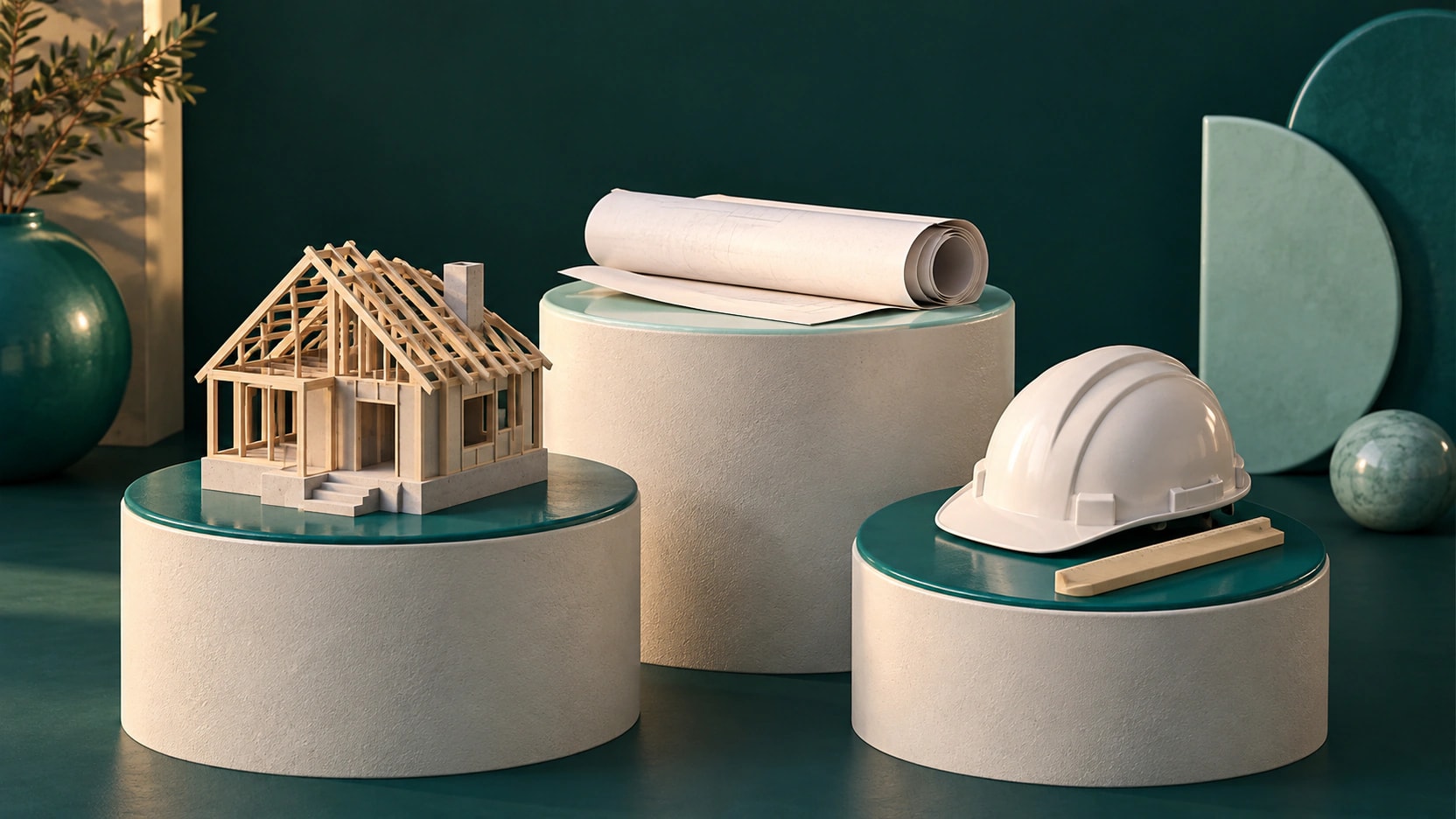 A miniature house frame, rolled unmarked blueprint and hard hat with a plain ruler on teal and off-white pedestals.