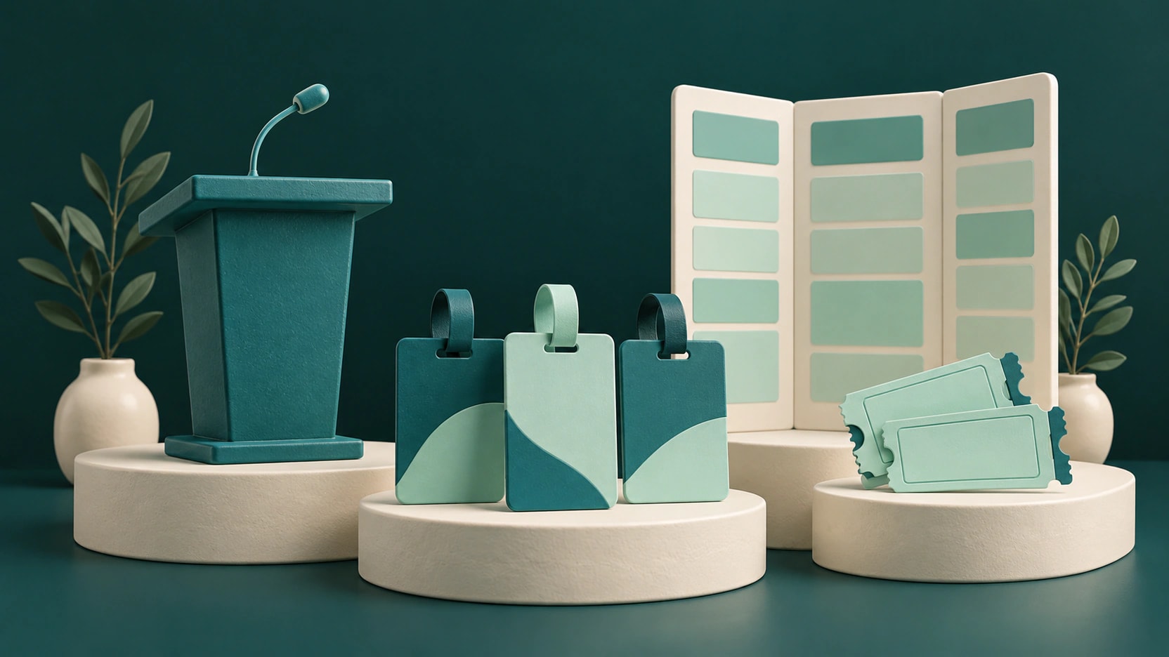 A teal conference lectern, three blank speaker badges and mint admission tickets beside an abstract schedule board.