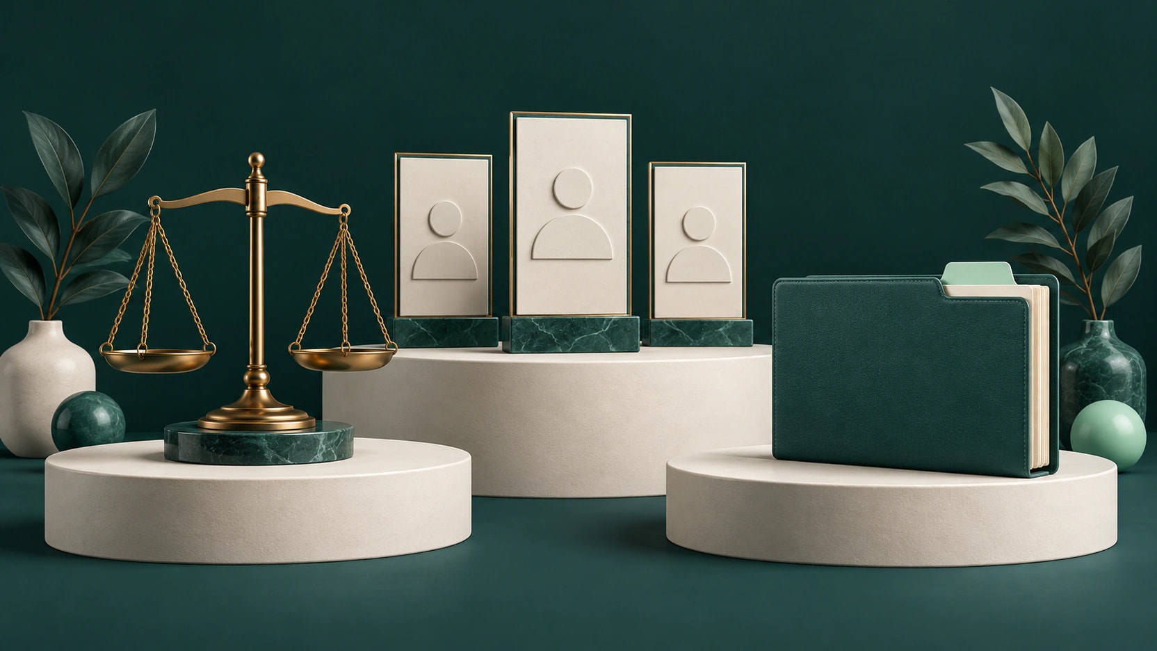 Brass balance scales, three abstract professional profile plaques and an unmarked teal case folder on ceramic plinths.