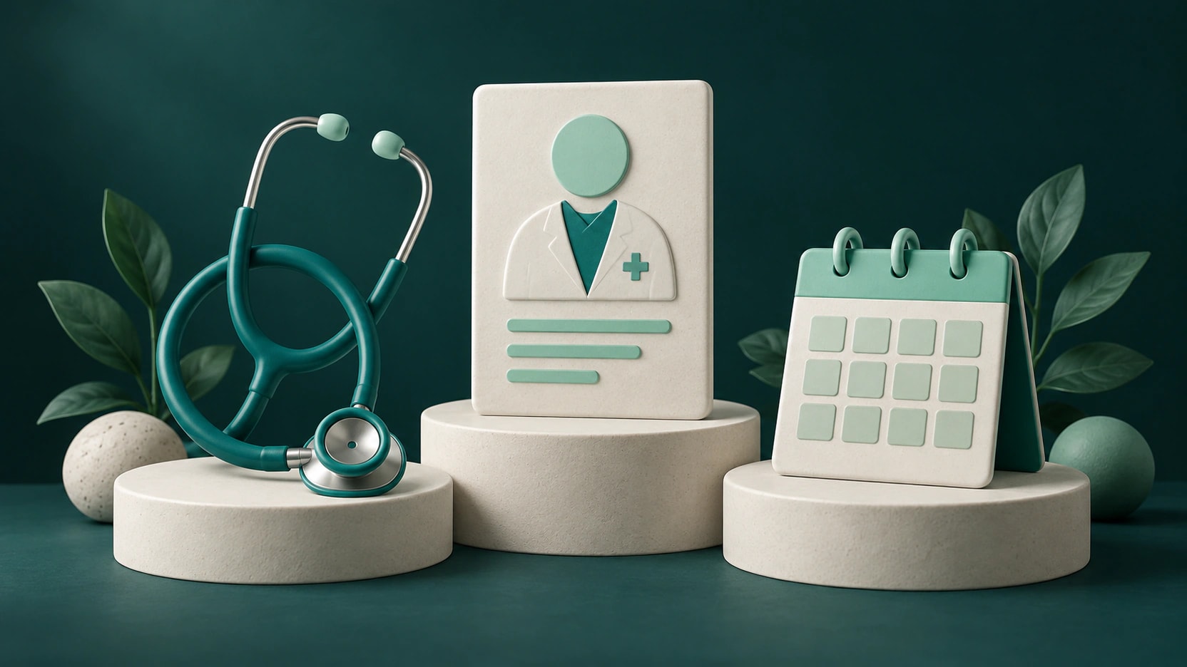 A teal stethoscope, abstract clinician profile plaque and blank mint appointment calendar on three ceramic pedestals.