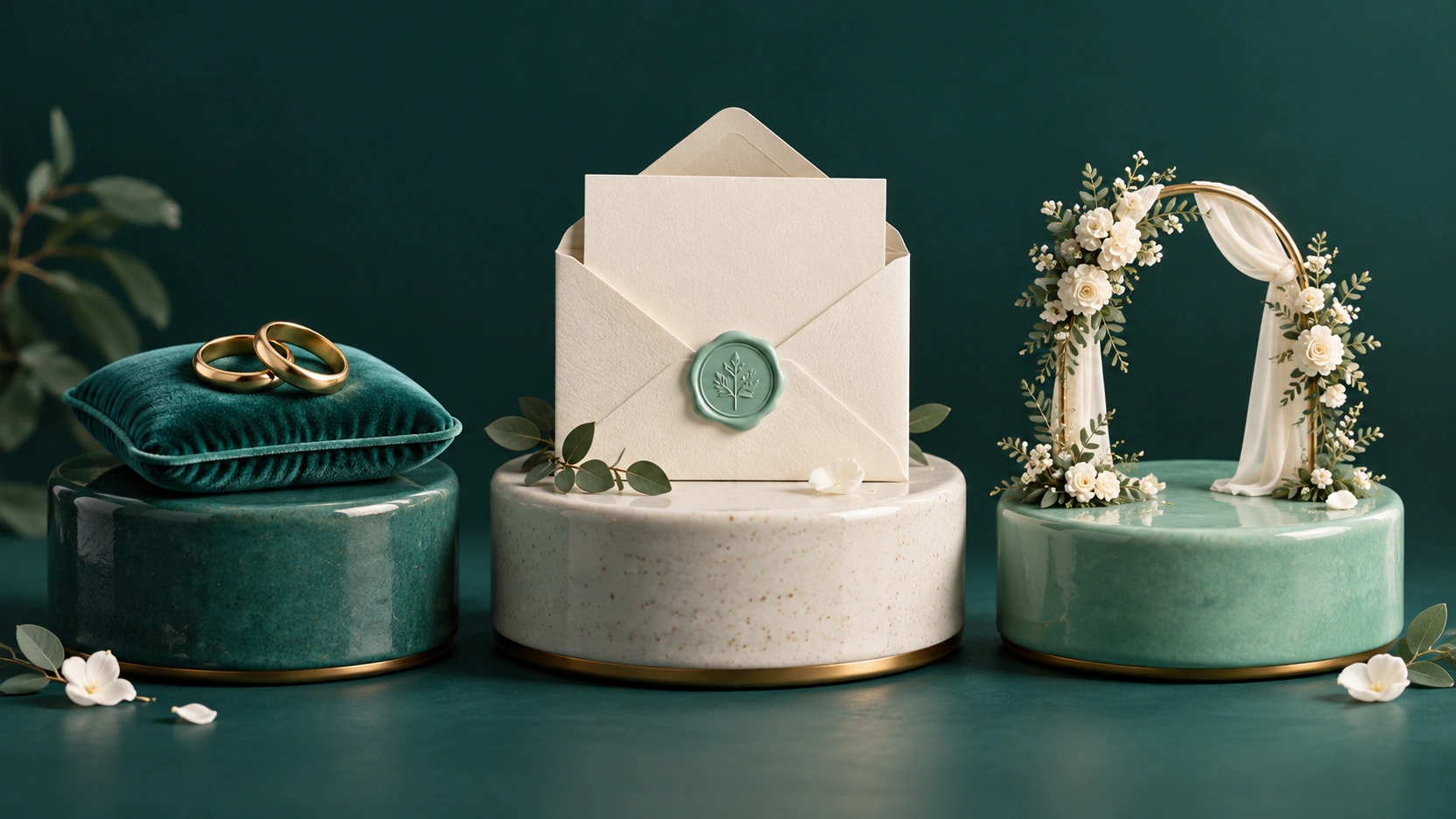 Gold wedding rings on a teal cushion, a blank invitation envelope with mint seal and a small floral arch on three pedestals.