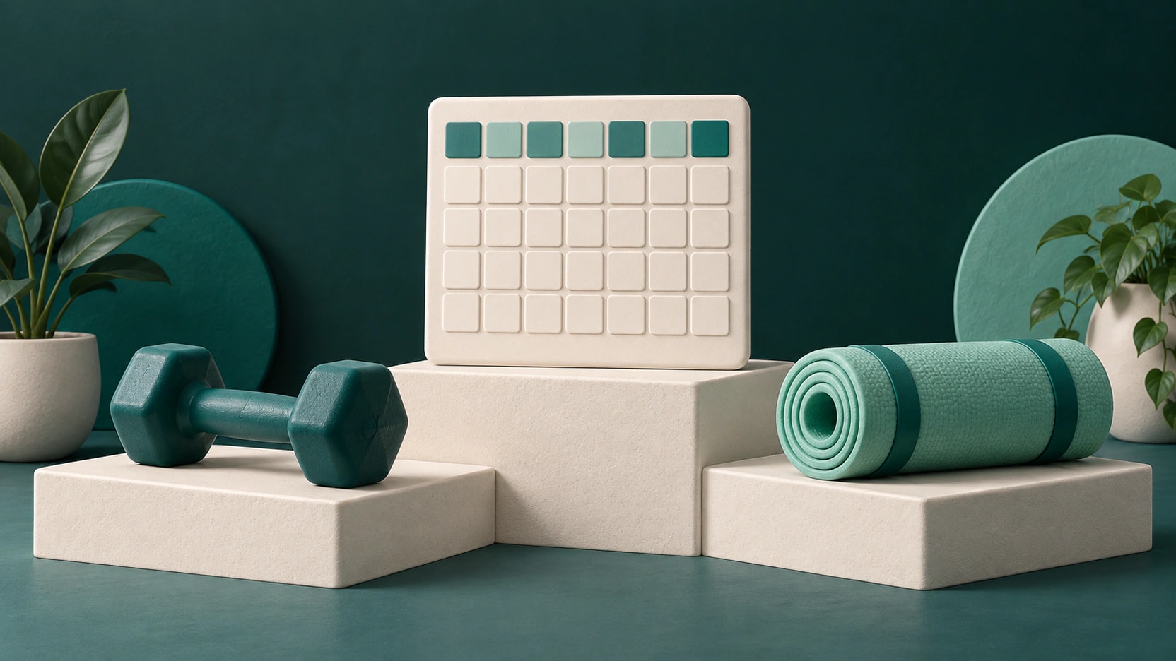 A teal dumbbell, rolled mint exercise mat and blank weekly planner on off-white ceramic pedestals.