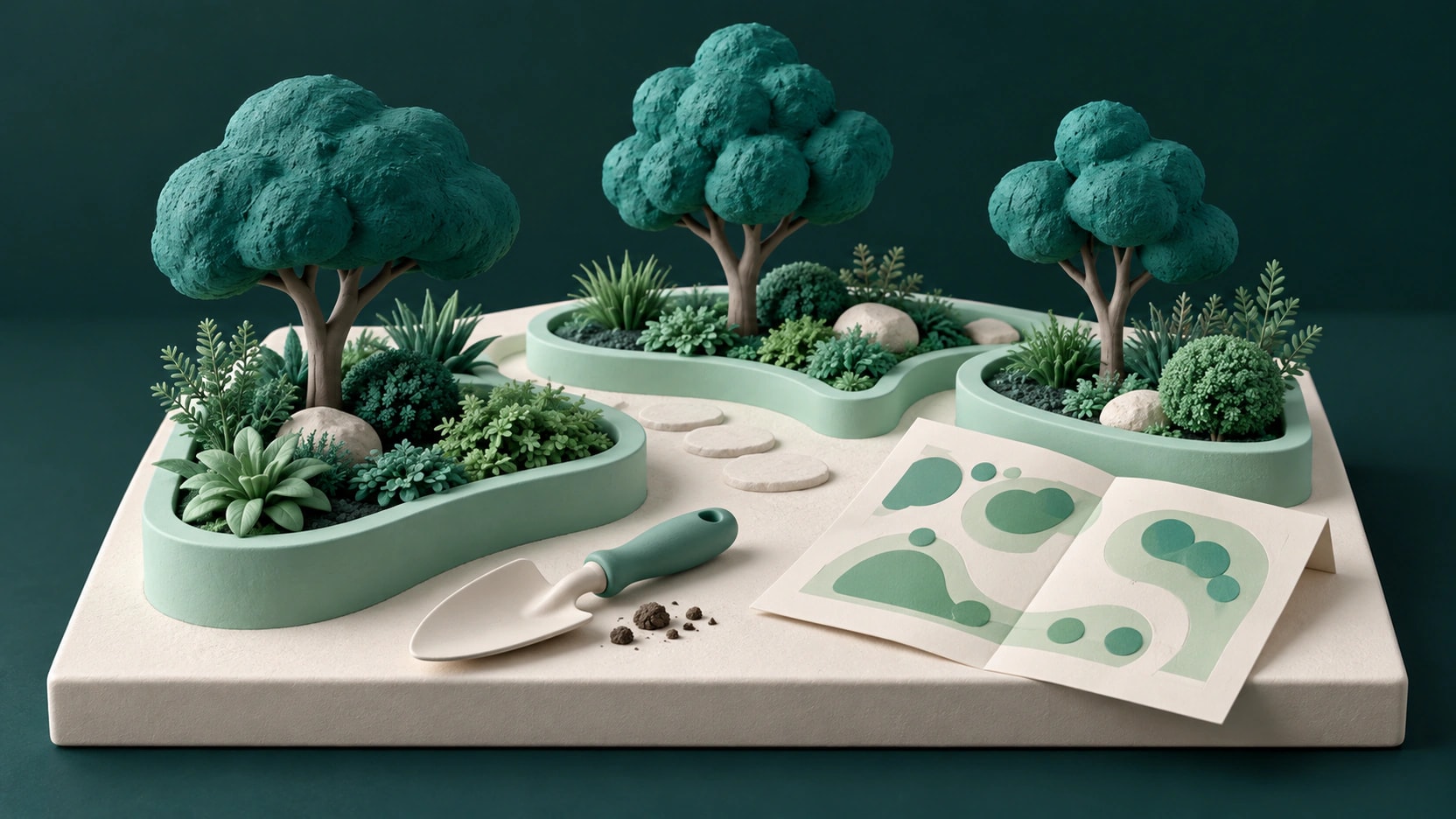 A miniature garden with curved mint planting beds, three teal trees, a trowel and an abstract folded plan.