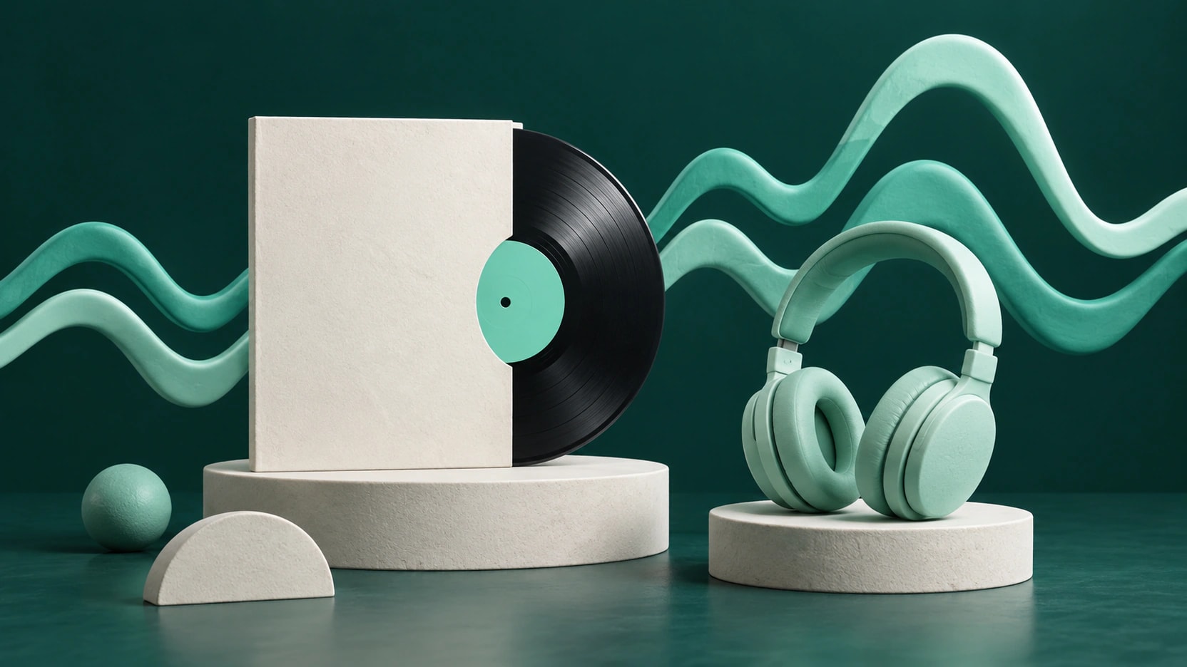 A vinyl record in a blank sleeve, mint headphones and sculptural sound-wave ribbons on ceramic stands.