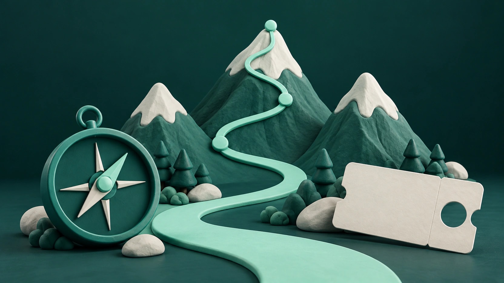A mint journey route winds between miniature mountains beside a teal compass and blank travel ticket.